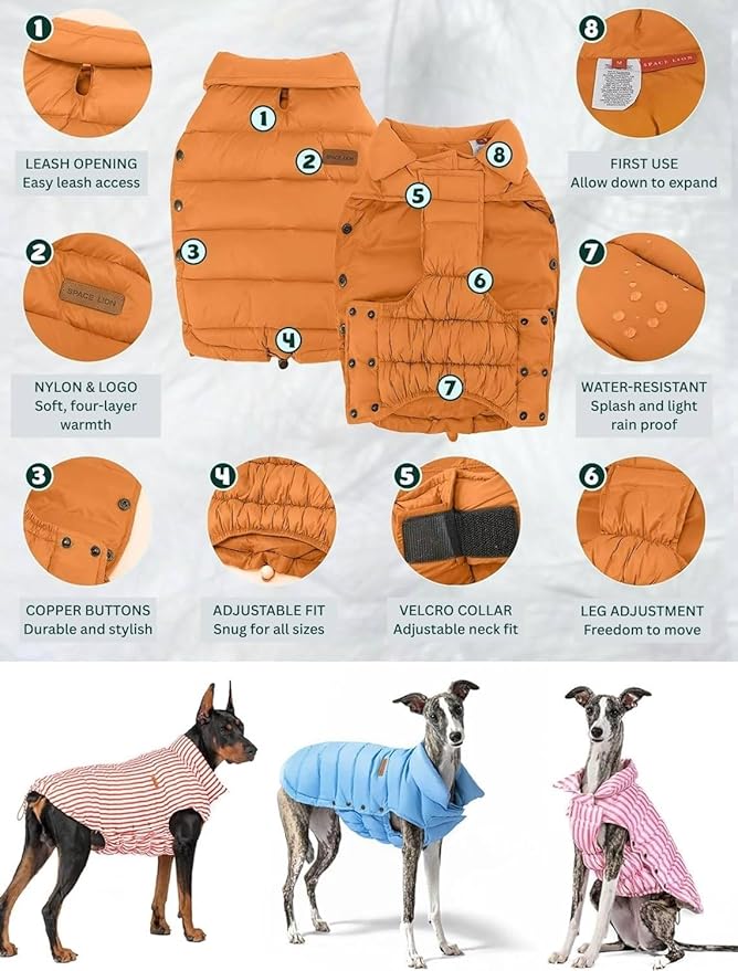 SPACE LION Dog Puffer Jacket, Down Winter Coat, Durable Outdoor Coat for Cold and Windy Conditions, Lightweight & Adjustable Fit Coats for Small & Medium Dogs, (Orange, Size 12 Gift Box)