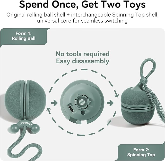 2 in 1 Interactive Cat Toys for Indoor Cats - Wicked Ball Duo2 Automatic Cat Toy, Rolling Ball & Spinning Top, Electric Cat Toy Balls with Chirping Sounds & Speedy Tail, Moving Kitten Toys