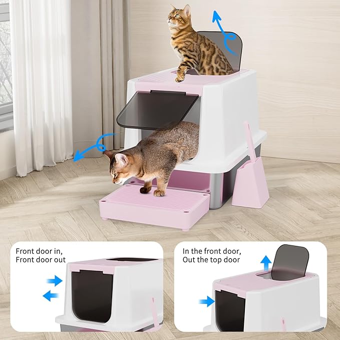 RIZZARI Enclosed Cat Litter Box: Large Top & Front Entry with Odor Control - Stainless Steel with Teflon Non-Stick Coating - High-Sided Pink Litter Pan for Multi-Cat Homes - for Apartments Hallways