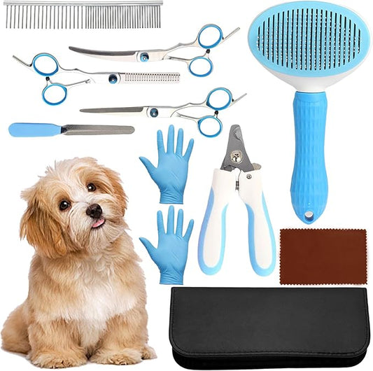 Professional 10pcs Dog Grooming Kit for Cats & Pets, All-in-One Home Pet Grooming Supplies with Safety Scissors Set,Nail Chlippers,File, Self-Cleaning Brush Storage Case, for Small Medium Large Pets