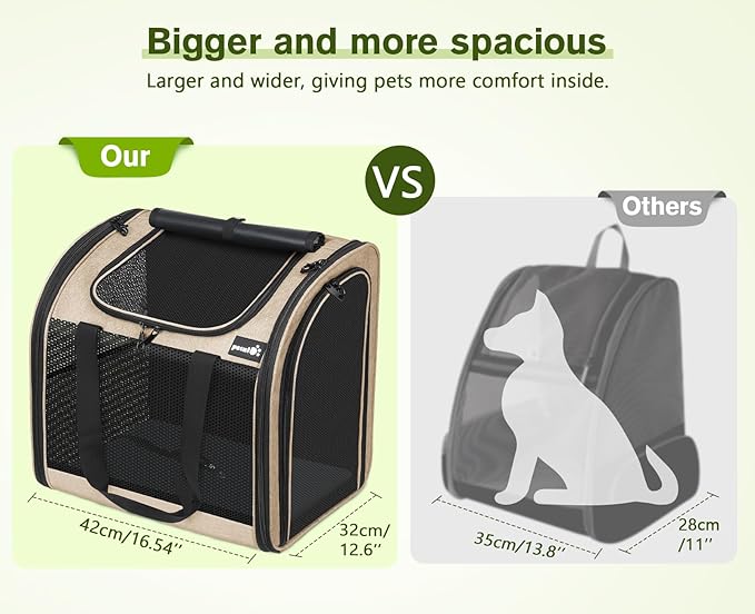 Pecute Cat Backpack with Widened Interior Space, Upgraded Dog Backpack Carrier with Various Ways to Carry, Pet Backpack with Breathable Mesh, Pet Travel Carrier with Soft Padded,Khaki