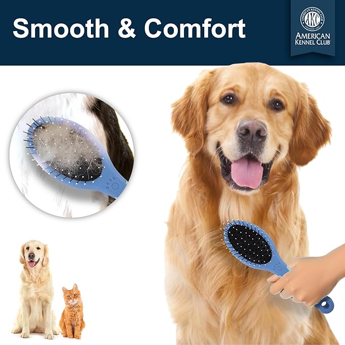 American Kennel Club AKC Pet Grooming Brush for Dogs and Cats - 2-in-1 Deshedding and Detangling Brush with Dense Nylon Bristles, Removes Loose Hair for Short and Long Coat Dogs and All Breeds