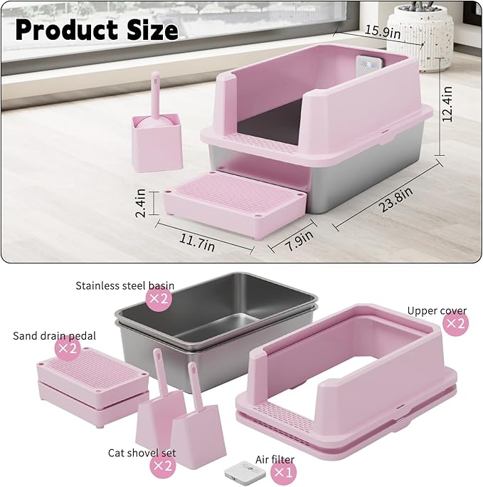 RIZZARI Stainless Steel Litter Box: Pink Leakproof Open Top Tray - Teflon Non-Stick Coating - Large Size Odor Control for Cats Under 20 lbs - with Deodorizer - 2 Pack - for Laundry Room Restroom