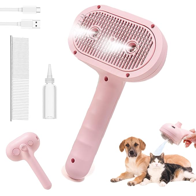 Cat Steam Brush for Shedding with Metal Comb,Deshedding Dog Brush for Long and Short Haired Dogs,Cat Hair Brush for Indoor Cats,Self Cleaning Double Hole Spray USB Rechargeable Grooming Supplies(Pink)