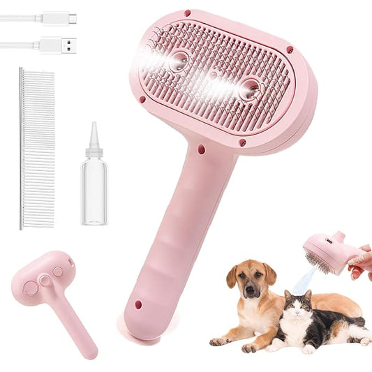 Cat Steam Brush for Shedding with Metal Comb,Deshedding Dog Brush for Long and Short Haired Dogs,Cat Hair Brush for Indoor Cats,Self Cleaning Double Hole Spray USB Rechargeable Grooming Supplies(Pink)