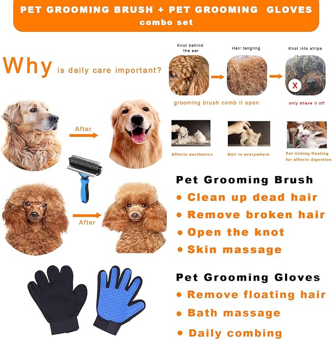2 in 1 Dog Grooming Brush & Grooming Gloves Combo, Dematting Comb for Dogs - Deshedding Undercoat Rake, Pet Hair Grooming Brush for Long and Short Haired Dogs or Cats(Large, Blue)