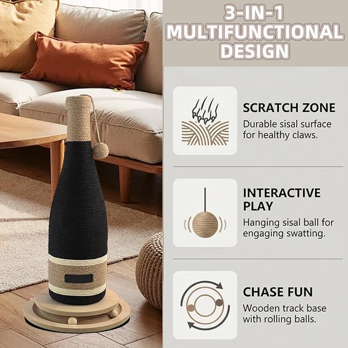 Wine Bottle Cat Scratching Post - 24.8 Inch Vertical Scratcher with Interactive Ball Track, Premium Sisal & Sturdy Base for Indoor Cats, Modern Home Décor