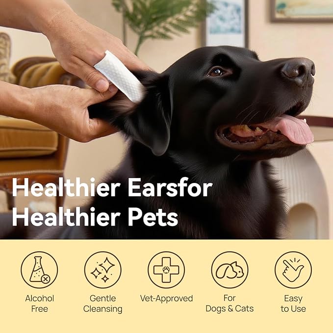 50 Count Ear Cleaner Wipes for Dogs & Cats, Relieves Ear Itching & Inflammation, Removes Ear Wax & Dirt, Treats Ear Infections, Fresh Coconut Scent