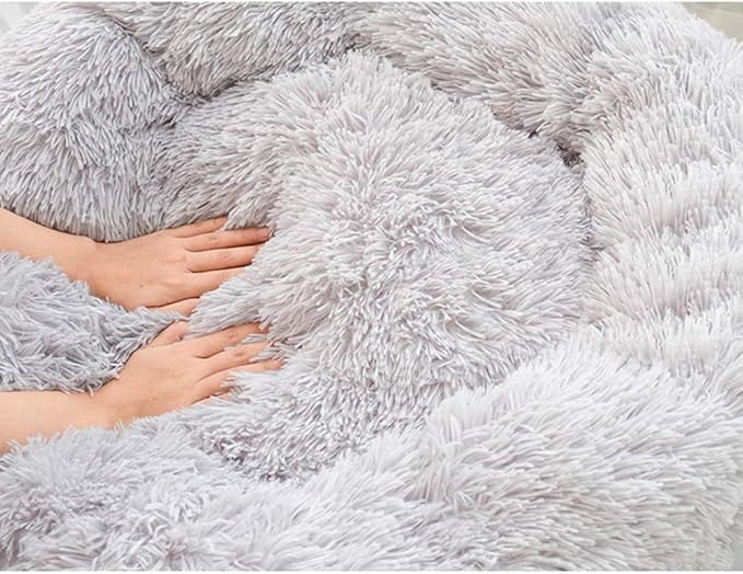 BODISEINT Faux Fur Dog Bed, Shag Round Anti-Anxiety Pet Calming Doughnut Cuddler for Medium Large Puppy Dog Cat Kennel Cushion - Self Warming (28'' D x 8" H, Light Grey)