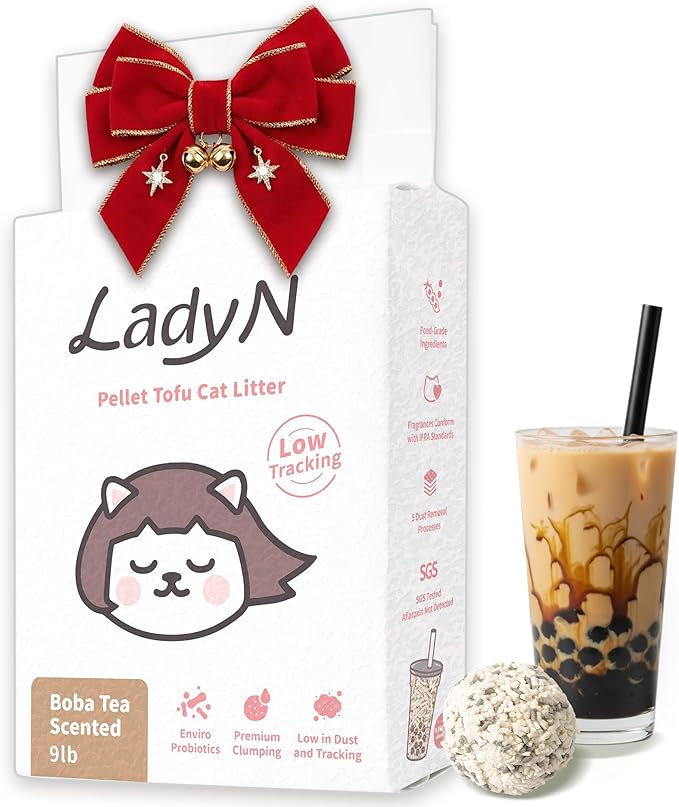 Lady N Pellet Tofu Cat Litter Boba Tea Scent, Strong Clumping, Ultra Absorbent, Dust-Free, Low Tracking, Water-Soluble, Natural Ingredients, Enviro-Probiotic Odor Control 9lb