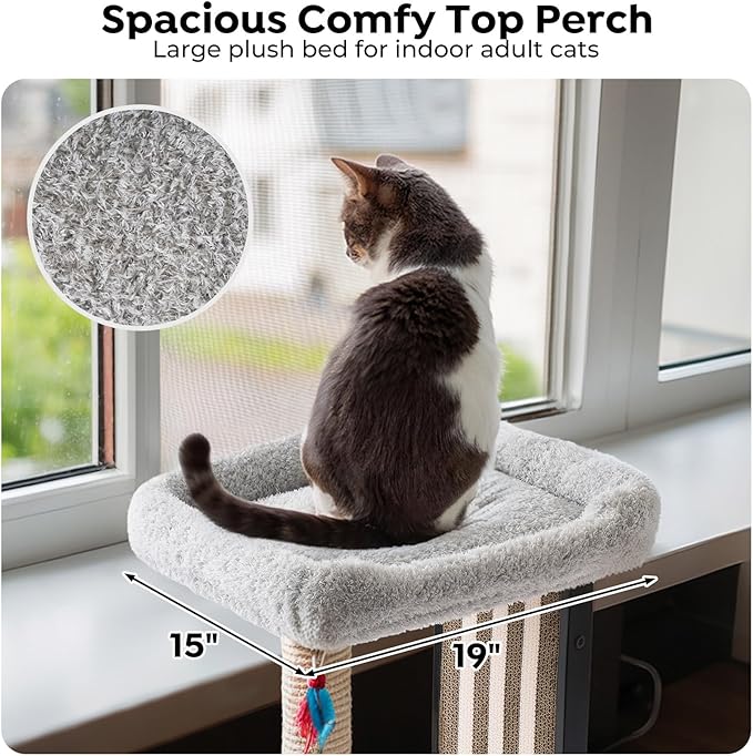 Veehoo 35" Tall Cat Scratching Post for Indoor Cats Adult, Sturdy Cat Scratch Pad with Replaceable Metal Frame Scratching Board, Large Scratch Post with Plush Top Bed