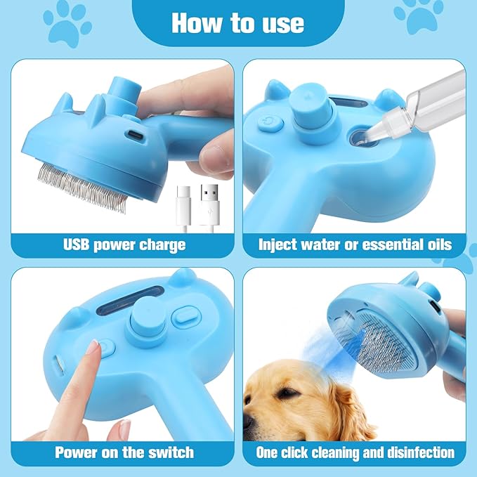 4-in-1 Pet Steam Brush for Dogs,Self-Cleaning Cat&Dog Brush for Shedding Long & Short Haired Dogs,Gentle Cat Steam Brushes for Indoor Cats with Spary Pet Hair Remover for Massage,Grooming Blue