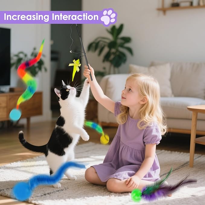 SHENGSEN Feather Wand Cat Toy,Bouncy Ball with Tail Cat Toys,Magic Worm with Large Colorful Ball Toy for Cats,Cat Feather Toys for Indoor Cats,Colorful Fuzzy Worm Bouncy Balls Cat Toy (ADM102-A-4B)