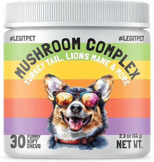 Mushroom Complex Treats for Dogs with Reishi, Shiitake, and Turkey Tail Mushrooms for Cognition and Immune Boosting Supports Digestive Health and Reduces Inflammation DHA EPA Turmeric Kelp 30 Chews
