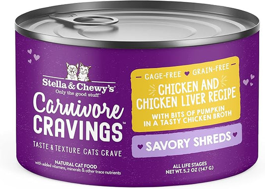 Stella & Chewy's Carnivore Cravings Savory Shreds Cans – Grain Free, Protein Rich Wet Cat Food – Cage-Free Chicken & Chicken Liver Recipe – (5.2 Ounce Cans, Case of 24)