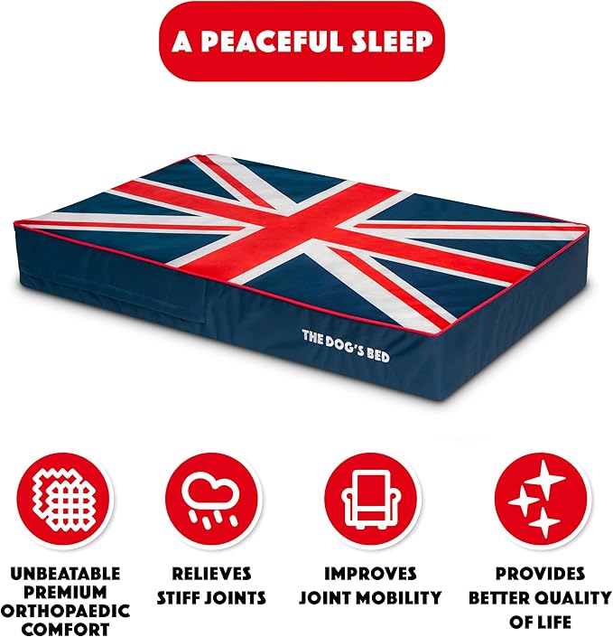 The Dog’s Bed Orthopedic Memory Foam Dog Bed, XL Blue & Red Trim UK Center Flag, Pain Relief for Arthritis, Hip & Elbow Dysplasia, Post Surgery, Supportive, Calming, Veterinary Approved