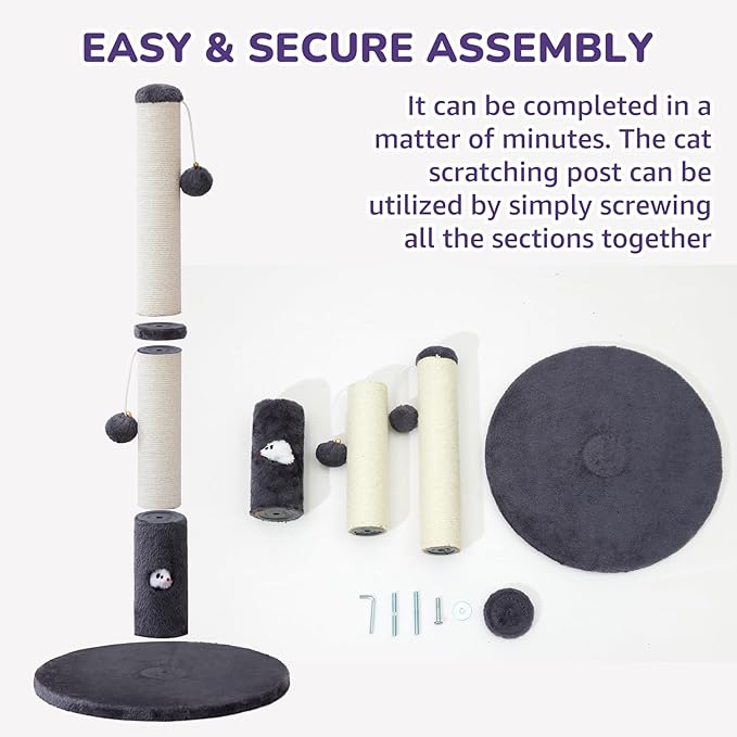33'' Tall Cat Scratching Post for Adults Cats, Sturdy Large Scratch Pole with Hanging Ball with Fun Mouse Hole, Scratching Posts for Indoor with Durable Natural Sisal Rope (Darkgrey)
