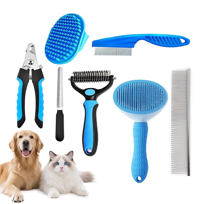 7PCS Dog Grooming Brush Kit for Shedding and Matted Fur, Self-Cleaning Slicker Brush with Undercoat Rake, Flea Comb for Long-Haired Pets, Blue