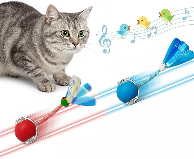 Interactive Cat Toys Ball for Cats - Upgrade Automatic Cat Toys for Indoor Cats, Chirping Cat Toy, 3 Modes 2 Speed Moving Cat Ball with Dragonfly Feathers 2PCS (Red Blue)