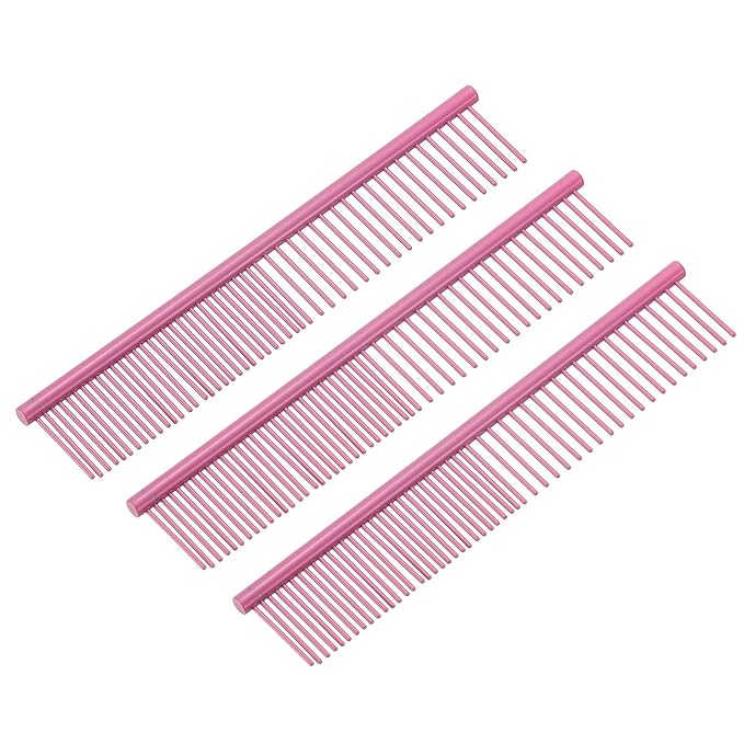 Dog Cat Comb, Pet Combs Stainless Steel Teeth with Rounded Ends for Knot Mat Loose Hair Removal, 6.5IN (Pink Coated, 3 Pack), Grooming Tool Intended for Long Curly Hair Pet
