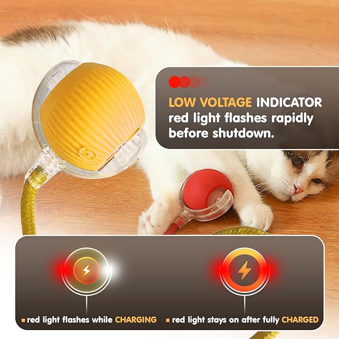 Rocfish Durable Interactive Cat Toys for Indoor Cats, Smart Automatic Cat Chase Ball Toy, Upgraded Speedy Tail Kitten Toy for Bored Indoor Adult Pets (Yellow)