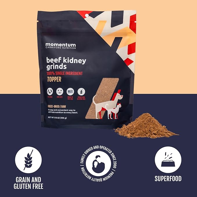 Momentum Carnivore Nutrition Freeze-Dried Beef Kidney Pet Food Topper – Single-Ingredient, All-Natural Topper – High-Protein for Dogs and Cats, Grain-Free and Made in The USA– (3.75 oz Bag)