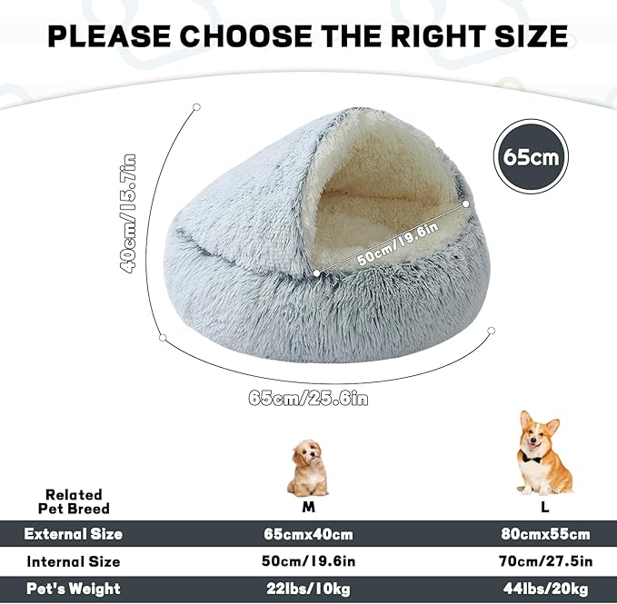 YUDANSI Calming Small Dog Bed & Indoor Cat Bed - Plush Fluffy Hooded Cave Nest, Anti-Slip Self-Warming, Removable Washable Zipper Cover, Built-in No-Collapsing Support (Grey-65cm/26in)