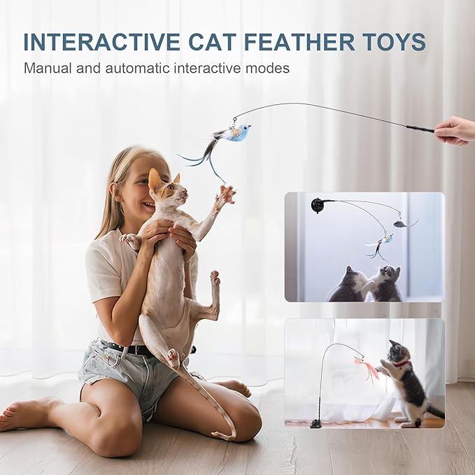Interactive Bird Simulation Cat Toy Set -2 Teaser Poles, 4 Replacement Birds, 1 Feather & 1 Mouse - Self-Stick Base for Realistic Hunting Fun