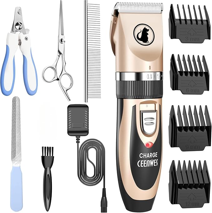 Ceenwes Dog Clippers Low Noise Pet Clippers Rechargeable Trimmer Cordless Grooming Tool Professional Dog Hair Trimmer with Comb Guides Scissors for Dogs Cats & Others（Gold）