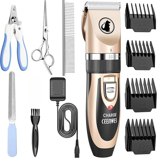 Ceenwes Dog Clippers Low Noise Pet Clippers Rechargeable Trimmer Cordless Grooming Tool Professional Dog Hair Trimmer with Comb Guides Scissors for Dogs Cats & Others（Gold）