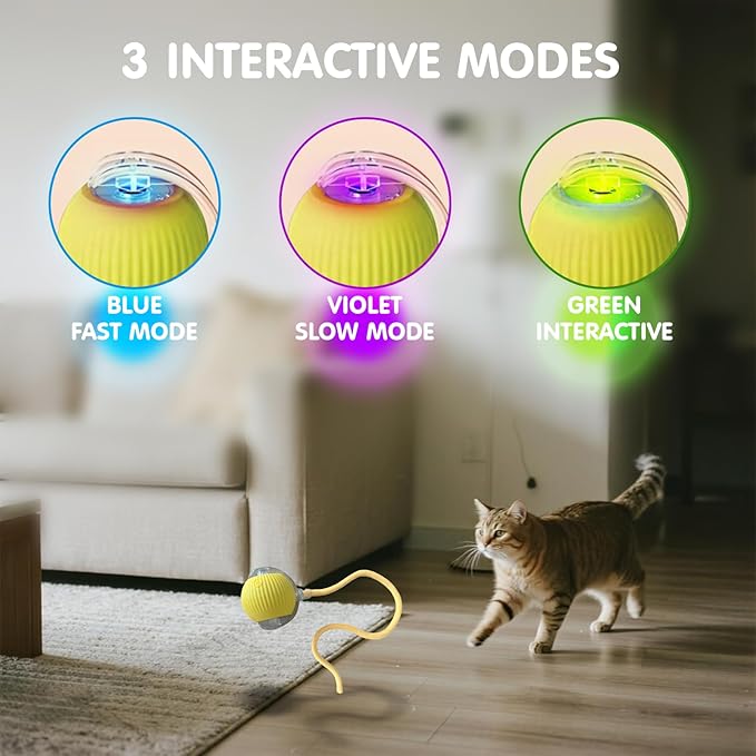 Rocfish Durable Interactive Cat Toys for Indoor Cats, Smart Automatic Cat Chase Ball Toy, Upgraded Speedy Tail Kitten Toy for Bored Indoor Adult Pets (Yellow)