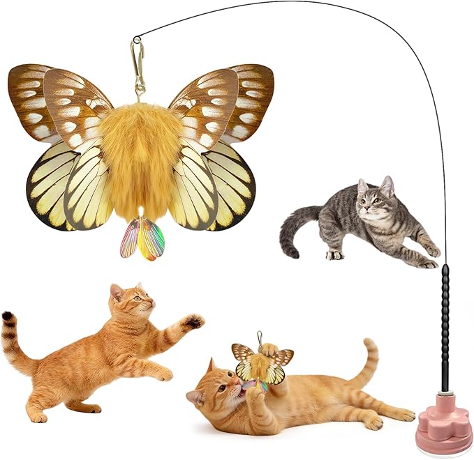 Walfront Interactive Cat Toy – Butterfly Teaser Wand with Pink Flower Suction Cup, Self-Play Toy for Kittens & Adult Indoor Cats, Durable Elastic Stick for Exercise & Boredom Relief