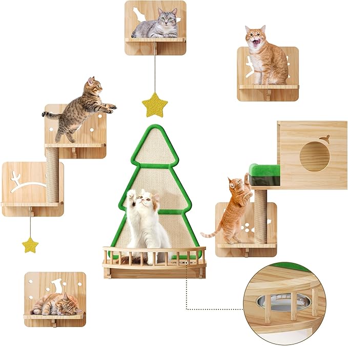 Cat Wall Shelves, 15-in-1 Solid Wood Wall-Mounted Cats Furniture Set with Scratching Post, Cat Climbing Wall Systems with Condos, House, Steps, Cushion, Small Bowl, Cats Shelf Furniture