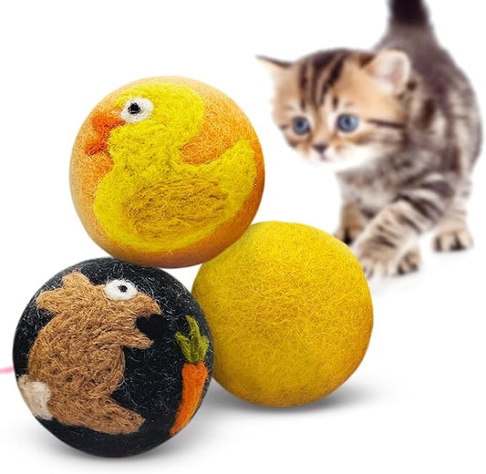 Hustle & Blush Love Ewe Felted Cat Toys 3 Pack - 2 Inch Duck & Bunny Hand Made Cute & Fun Design Kitten Wool Felt Balls for Indoor Play & Exercise - 100% New Zealand Handmade - Holiday Pet
