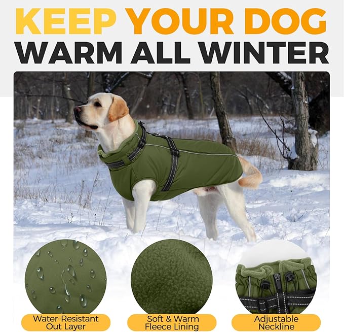 Lelepet Waterproof Dog Jacket with Harness Built in Warm Dog Winter Coat, Reflective Fleece Jacket, Dogs Coats for Medium Dogs, Thermal Turtleneck Pet Snowsuit for Outdoor, Schnauzer, Army Green, M
