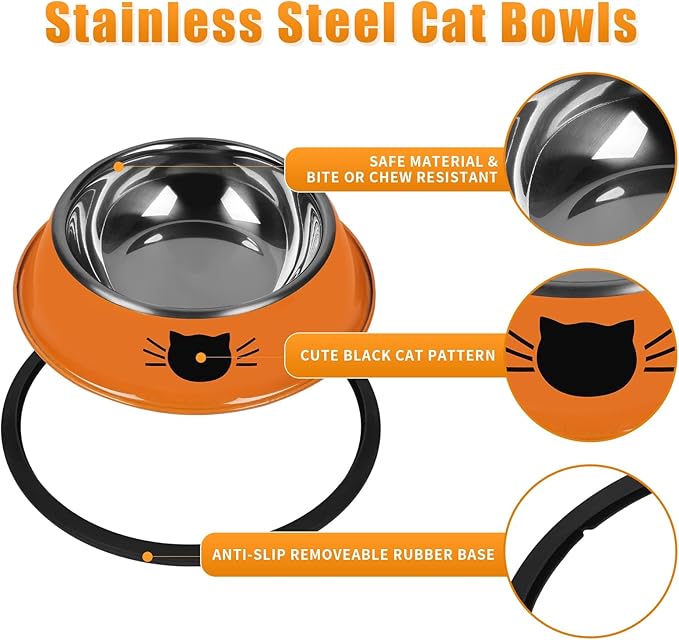 2 Pcs Non-Slip Stainless Steel Small Cat Food Bowls - Unbreakable, Thicken 7 Oz Cat Dishes - Indoor, Removable Rubber Base, Easily Clean, Lovely Color