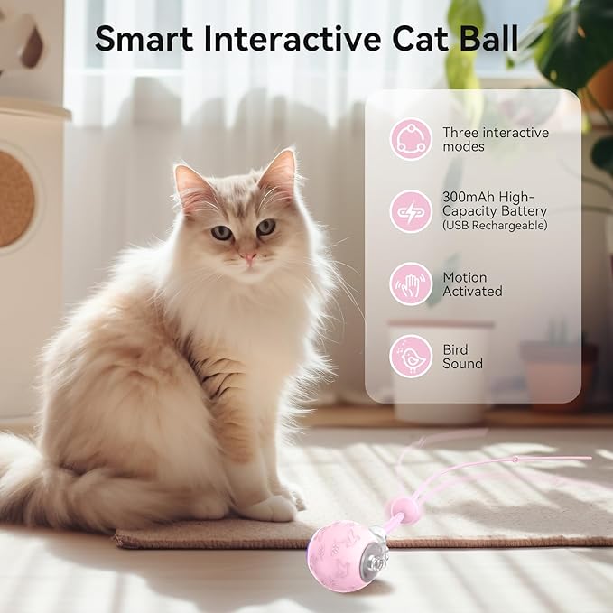 Interactive Cat Toys Ball for Indoor Cats, Automatic Pet Toys for Bored Indoor Adult Cats, Motion Activated, USB Rechargeable, Christmas Birthday Gifts(Pink)