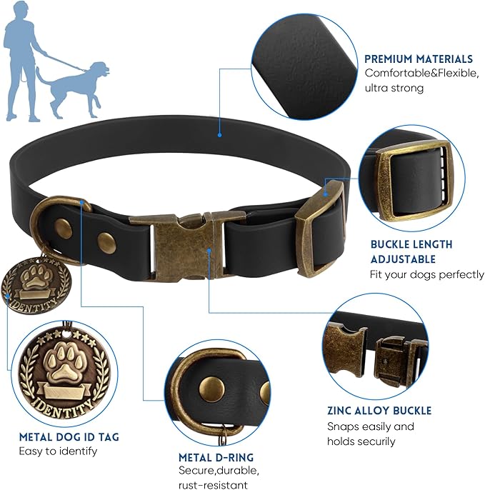 Wisedog Dog Collar and Leash Set, Waterproof Adjustable Puppy Collars with Cute Tag 5FT Dog Leash with Poop Bag for Small Medium Large Dogs (M, Black)