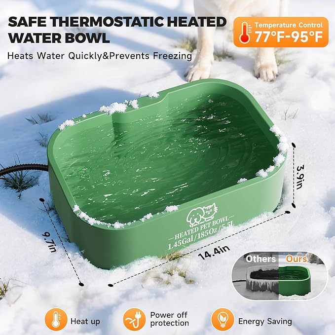 1.45 Gallon Extra-Large Heated Water Bowl for Dog&Cat,Outdoor Heated Dog Bowl with Anti-Chew Cord,Waterproof Heated Pet Bowl Provides Drinkable Water in Winter for Chickens,Squirrels,Rabbits,Green