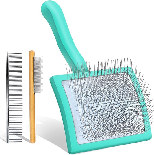 Large Dog Slicker Brush for Shedding & Curly Coat, Long Hair Dogs & Cats, Doodles, Poodles & Goldendoodles, Long Pin Grooming Brush with Wooden Handle, 3 Pcs Comb Set for Mats Tangles. Green