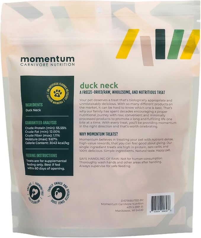 Momentum Carnivore Nutrition Freeze-Dried Duck Neck Dog Treats & Cat Treats – Single-Ingredient, High-Protein, Grain-Free, Natural Crunchy Chew – Made in USA – 3 oz Bag