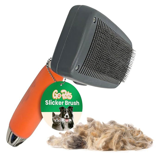 GoPets Self-Cleaning Slicker Brush for Dogs & Cats, Deshedding & Dematting Comb with Retractable Bristles, Undercoat Tool for Long Haired Dogs, Non-Slip Handle, Detangler for Mats & Shedding Fur