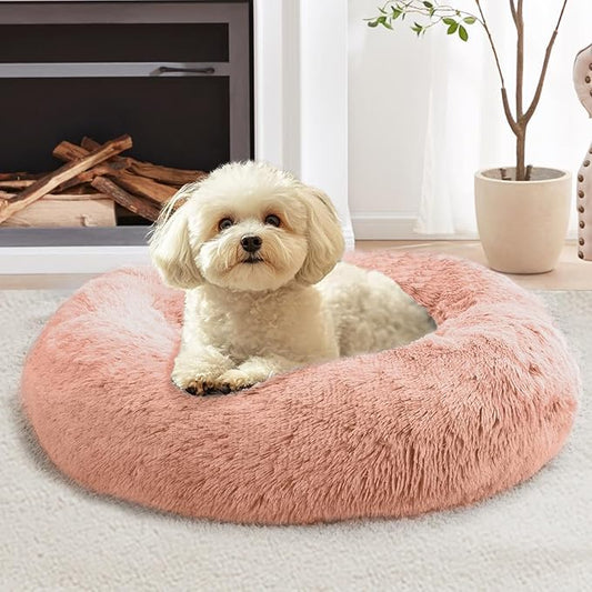 JOLLYVOGUE Calming Dog Bed Medium Size Dog, Anti-Anxiety Donut Medium Pet Bed, 27 inches Fluffy Faux Fur Round Cat Bed (Peach Pink)