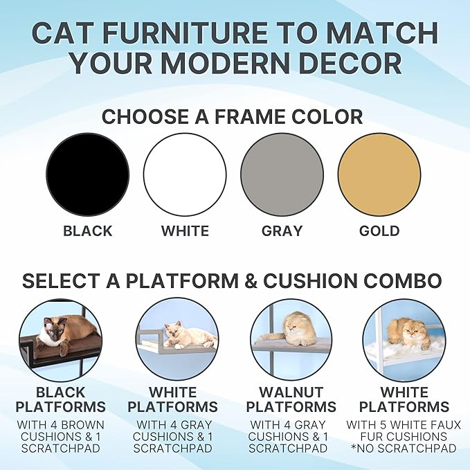 The Refined Feline 62 Inch Tall Metropolitan Cat Condo, White Metal Frame Cat Tower, Multi-Level Modern Cat Tree for Indoor Cats, White Platforms with Gray Replaceable Cushions & Scratching Post