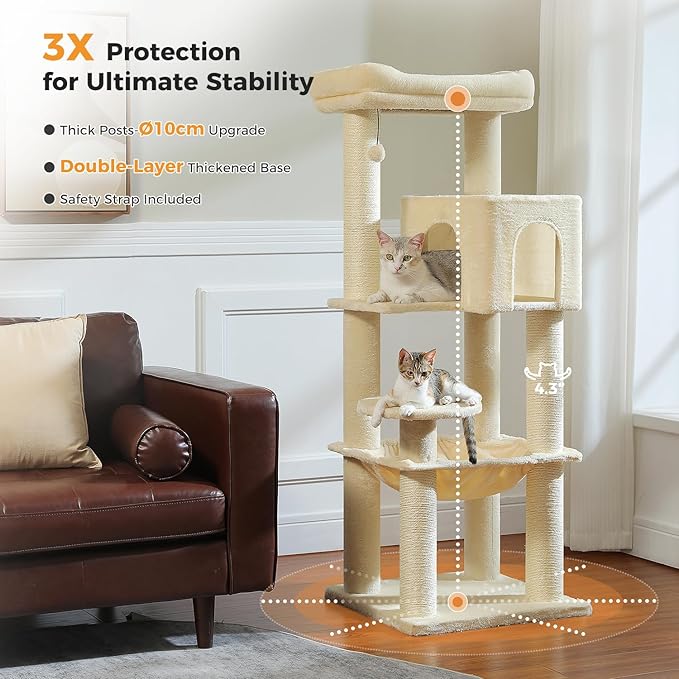 Large Cat Tree for Indoor Cats Large Adult, 57.8" Heavy Duty Cat Tower with Reinforced Scratching Posts (φ3.7in) and Plush Larger Hammock for Maine Coon & Big Cats, Supports 30lbs, Beige