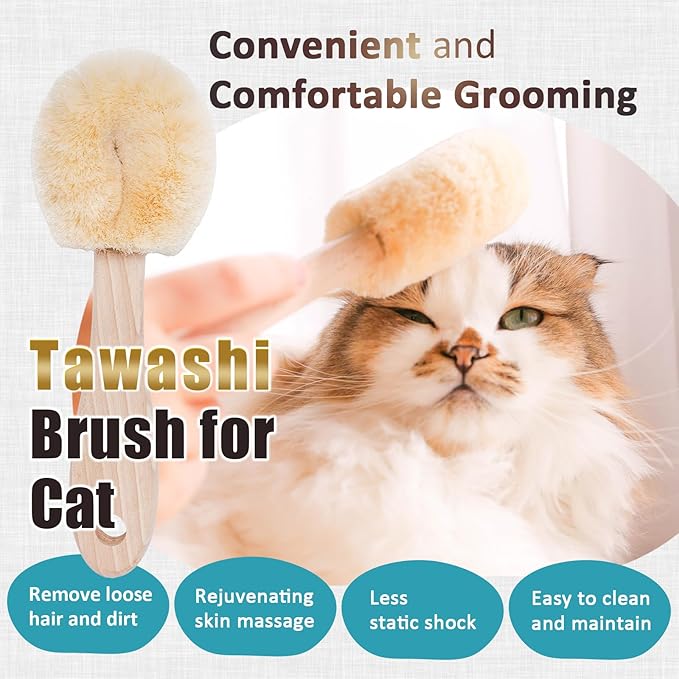 Relaxing Cat Grooming Massage Brush – Gentle Natural Tawashi Brush for Sensitive Cats, Stress‑Free Daily Grooming (Not a Heavy Deshedding Tool) Made in Japan (Type-B)