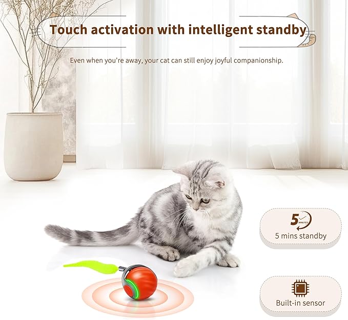 Interactive Cat Toy Ball-Motion-Activated Rolling Toy with 2 Feather Tails, 2 Speeds, USB Rechargeable, Smart Indoor Cat Toys to Keep Cats Active, Happy and Entertained (Orange)