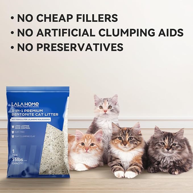 Clumping Cat Litter, Premium Bentonite Cat Litter Sodium-Based, Dust-Free, Strong Durability, Odor Control, Natural Mineral Formula Unscented Litter for RealScooper - 15 lb. Box