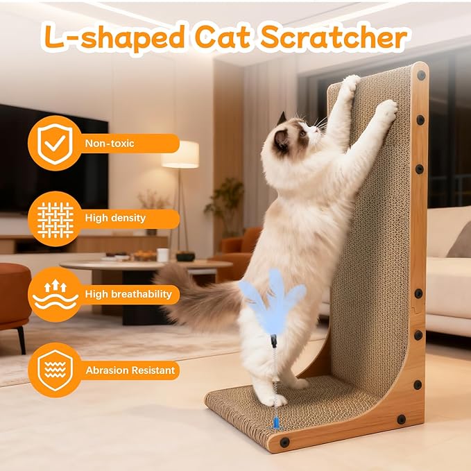 Cat Scratching Post, 3-in1 Scratching Board for Indoor Cats, 2PK 22in L-Shaped Cat Scratcher with 1PK Cardboard Box Scratch Pad, Cats Scratch Furniture Protector with Feathered Toy