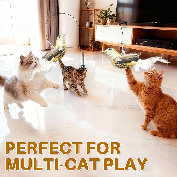 Interactive Cat Toy — Realistic Bird Teaser Wand with Double-Head Suction Base and 2 Gray Bird Attachments for Indoor Self-Play, Exercise & Enrichment for Kittens, Adult Cats & Multi-Cat Homes